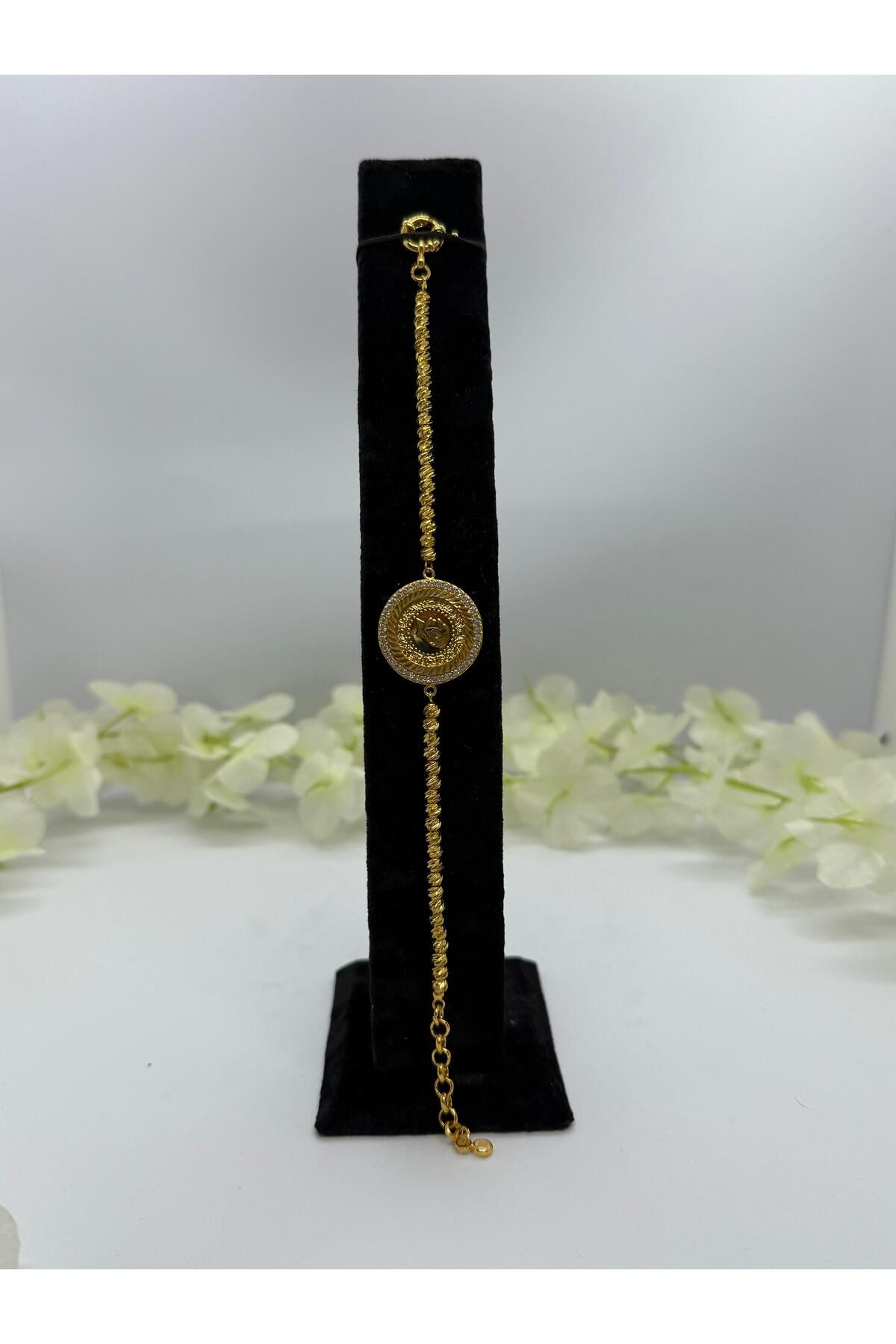 22 Ayar Altın Kaplama Burgu Zincirli Tuğralı Motif Set Kolye,Bileklik,Küpe Lvd524
