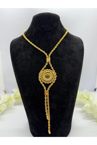 22 Ayar Altın Kaplama Burgu Zincirli Tuğralı Motif Set Kolye,Bileklik,Küpe Lvd524