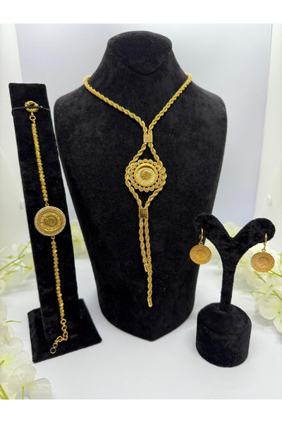 22 Ayar Altın Kaplama Burgu Zincirli Tuğralı Motif Set Kolye,Bileklik,Küpe Lvd524