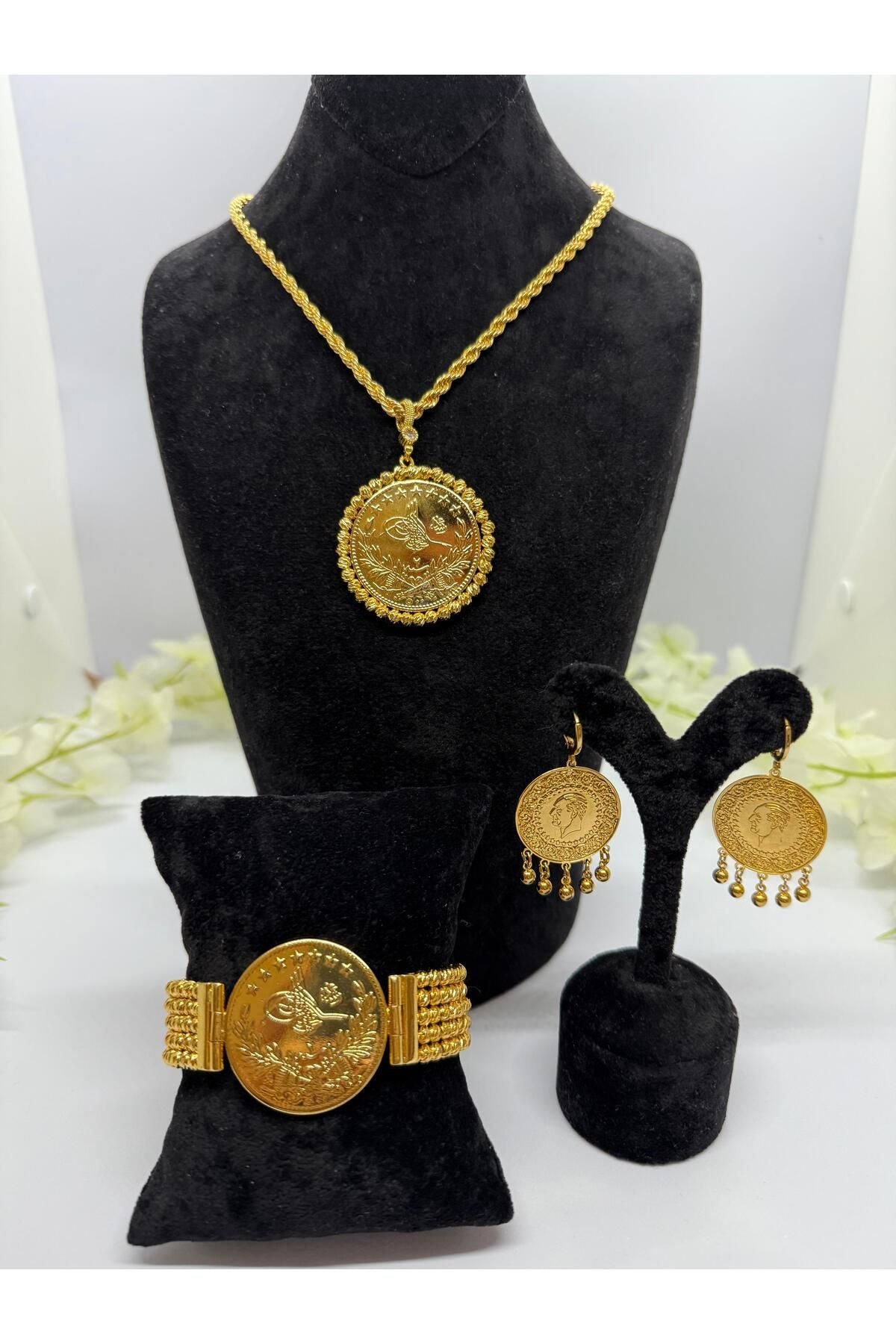 22 Ayar Altın Kaplama Osmanlı Tuğralı Motifli Set Kolye,Keleoçe,Küpe Lvd525