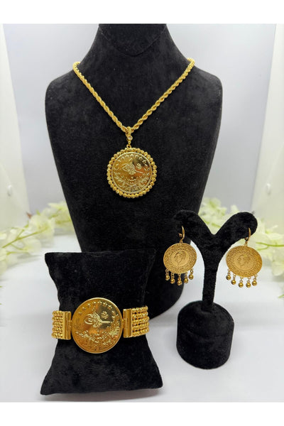 22 Ayar Altın Kaplama Osmanlı Tuğralı Motifli Set Kolye,Keleoçe,Küpe Lvd525