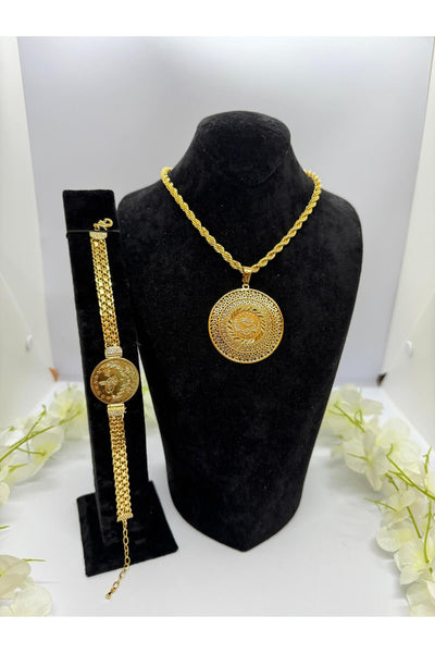 22 Ayar Altın Kaplama Burgu Zincirli Osmanlı Tuğralı Set Lvd523